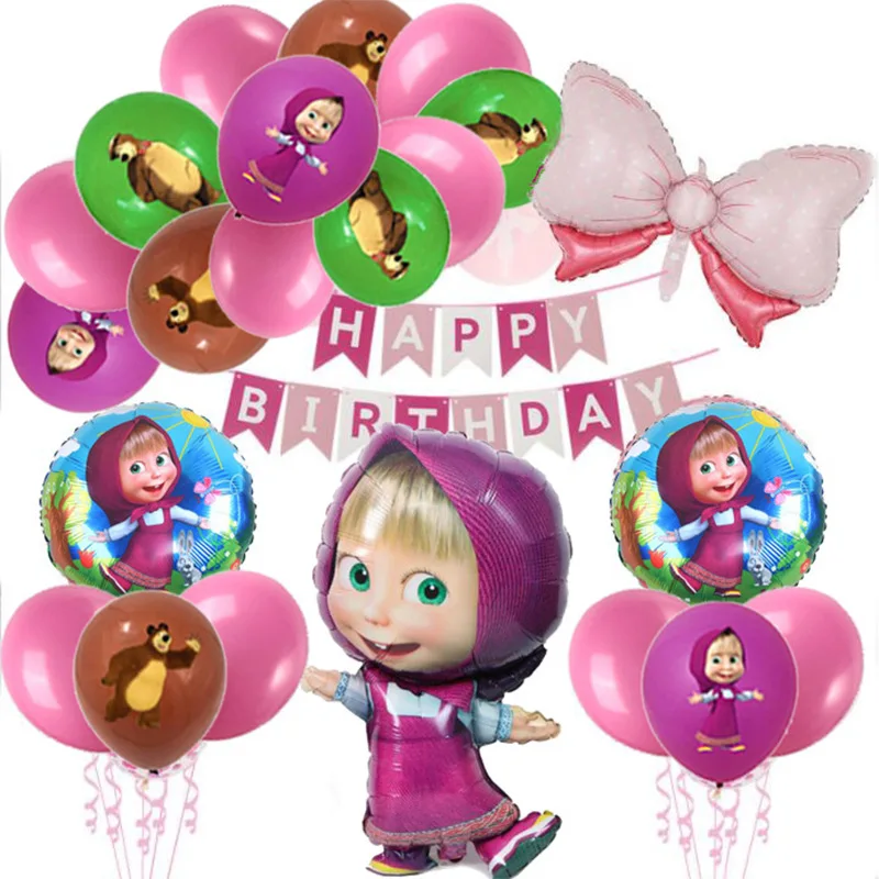 Celebration Decoration Girl Birthday Party Background Wall Layout Photo Supplies Masha And Bear Theme Balloons
