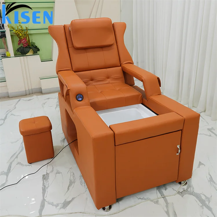 Kisen high quality orange beauty salon furniture electric washing massage chair shampoo bed with water circulation steamer