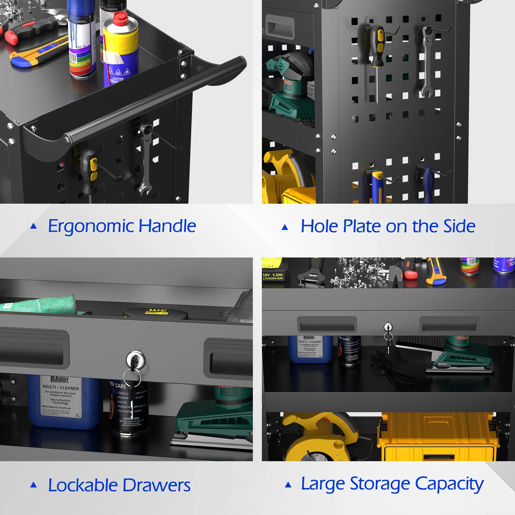 Utility Metal Cart Rolling 3 Tier Rolling Cart with Wheels Garage Storage Workshop Trolley Heavy Duty Tool Cabinet