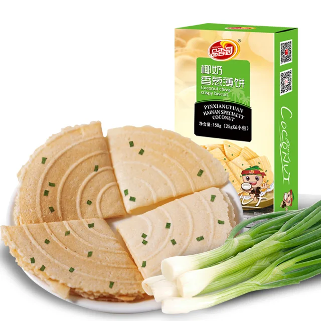 New arrival high quality chive flavor crispy thin biscuit cracker snack made from fresh coconut