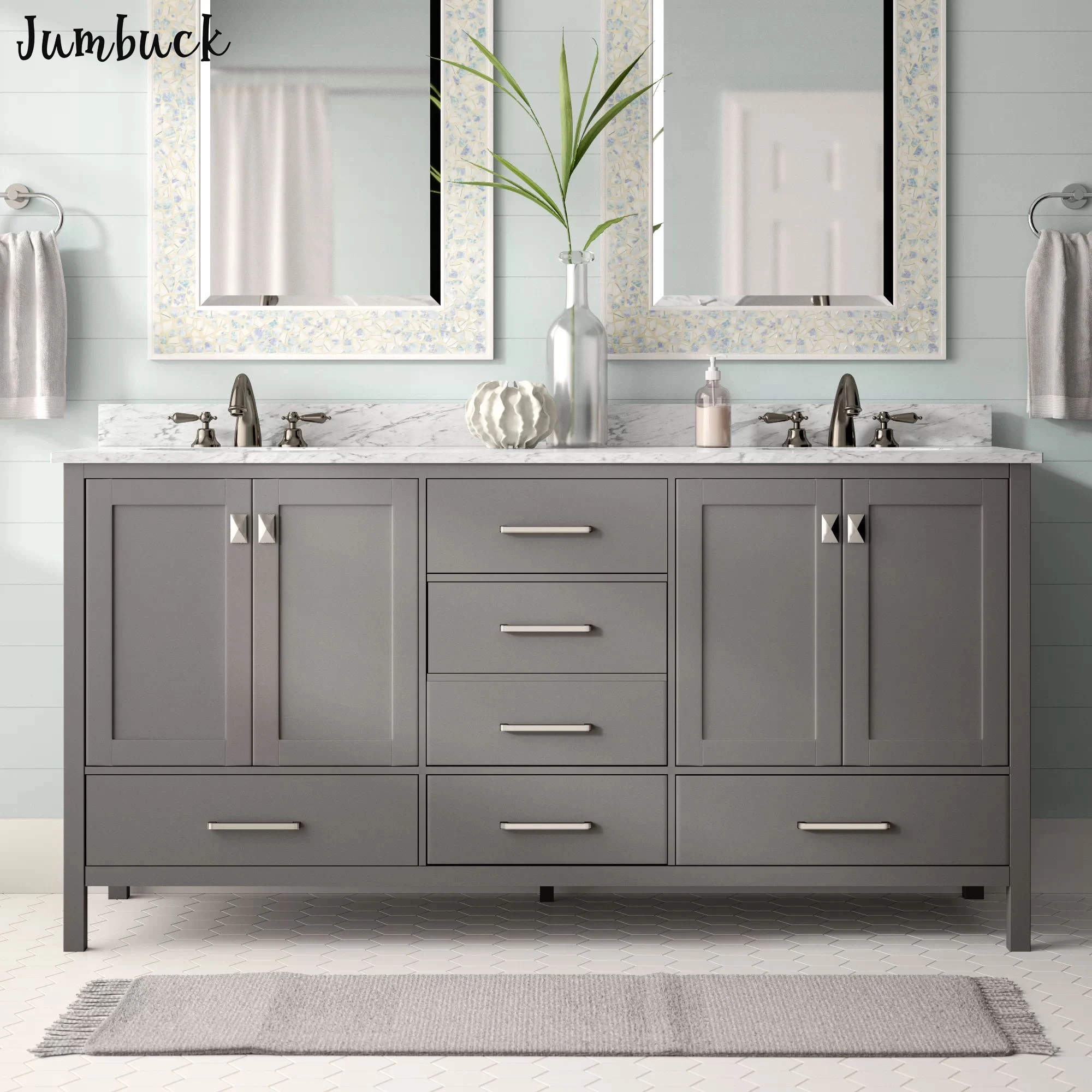 
Luxury grey elegent bathroom vanity with sink with one tall storage cabinet 