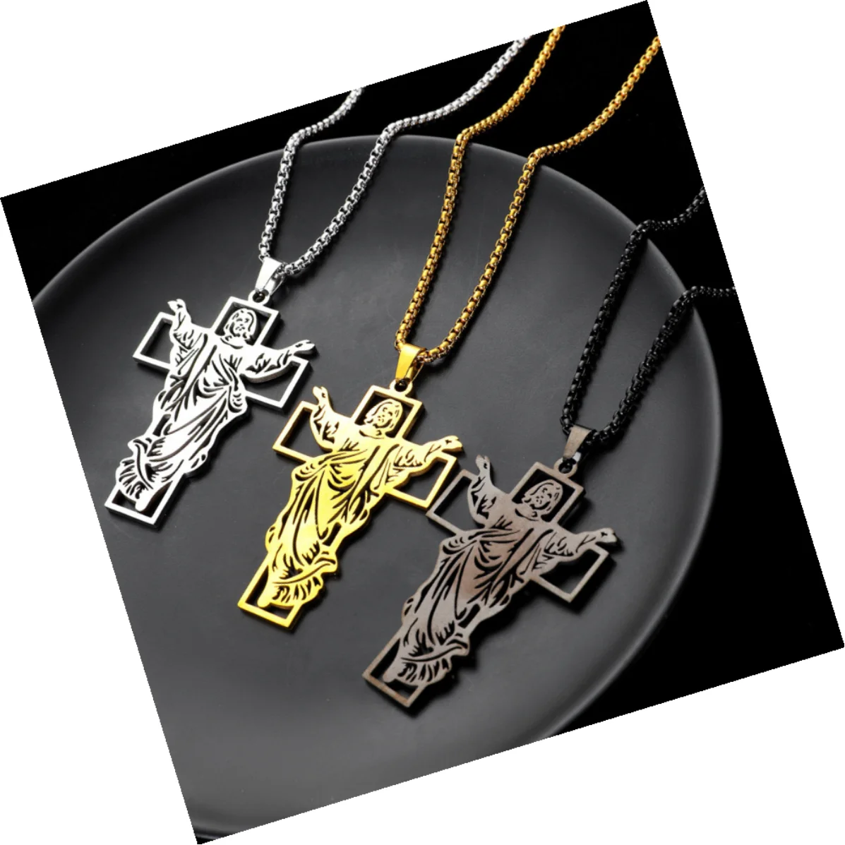 DAIHE Religious Christian Jesus Faith Based Fine Fashion Simple Men Necklace Jewelry Stainless Steel Cross Pendant Necklace