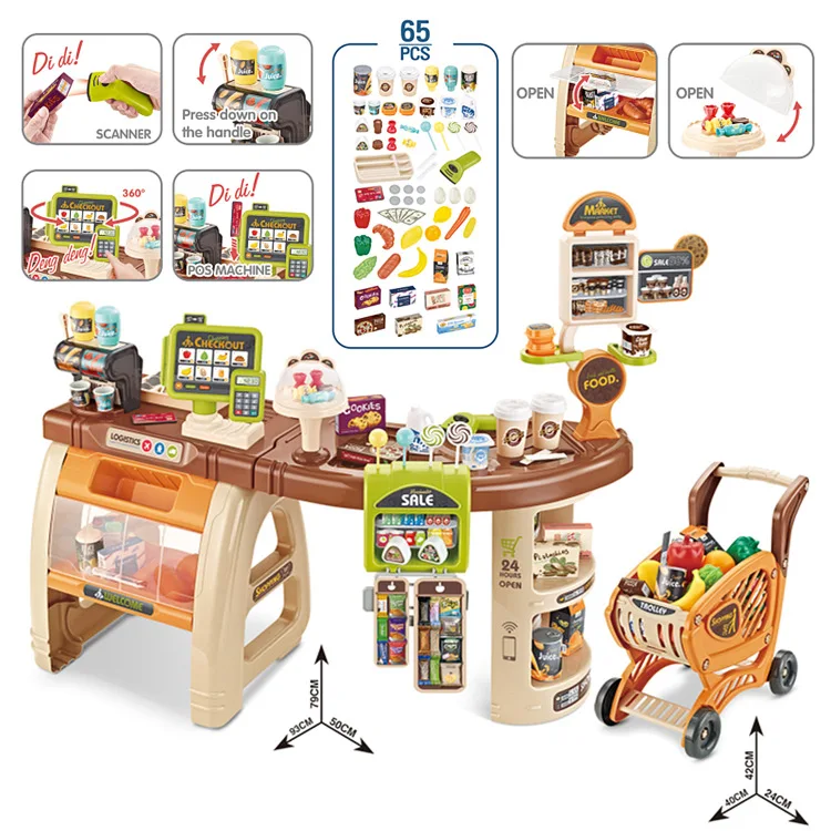 65pcs Food Luxury Big New Cash Register For Kids Home Grocery Supermarket Store Toy