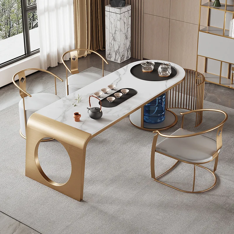 Chinese Style Stainless Steel Custom White Marble Coffee Kung Fu Tea Table and chair sets