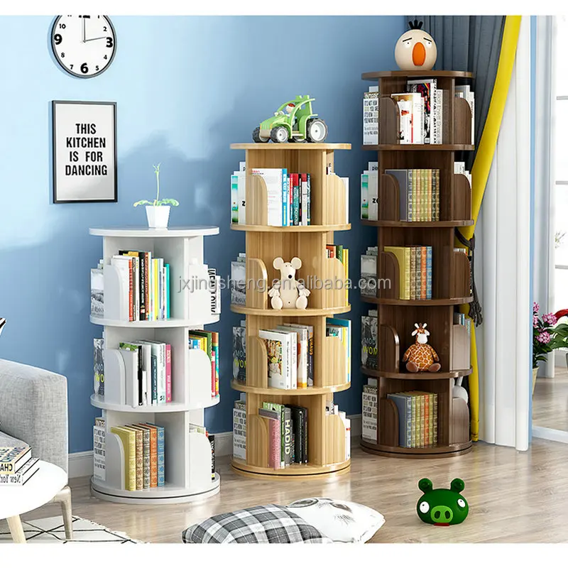 Modern living room furniture 360 degrees solid wood rotating bookcase book shelf wooden