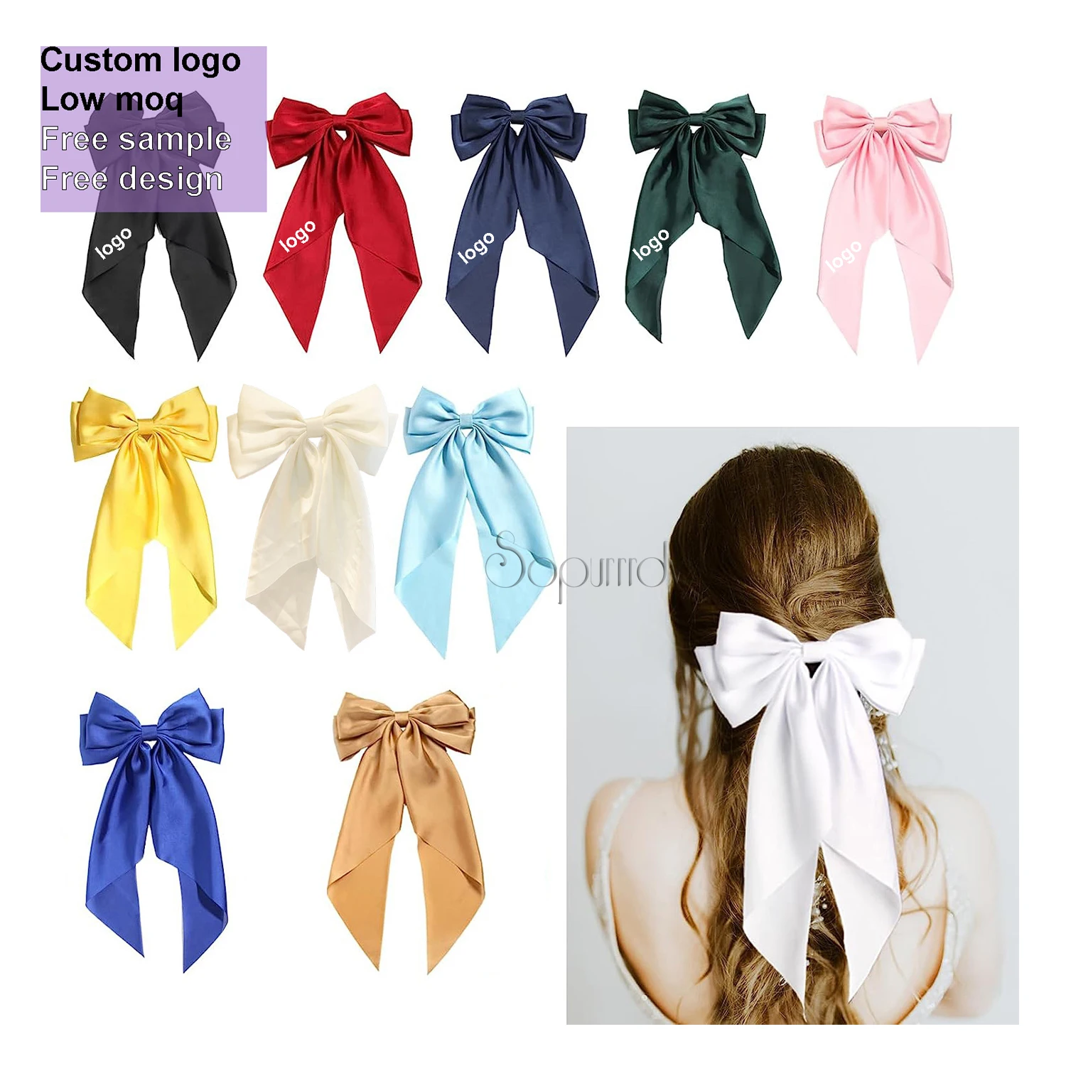 Custom Logo Large Hair Bow for Women Big Bow Barrette Clips for Girls Hair Bows with Long Tail For Party Christmas Halloween