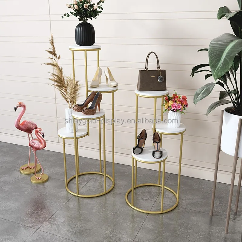 Modern store mall wooden or marble top metal frame gold shelf shoes show rack bag display stand