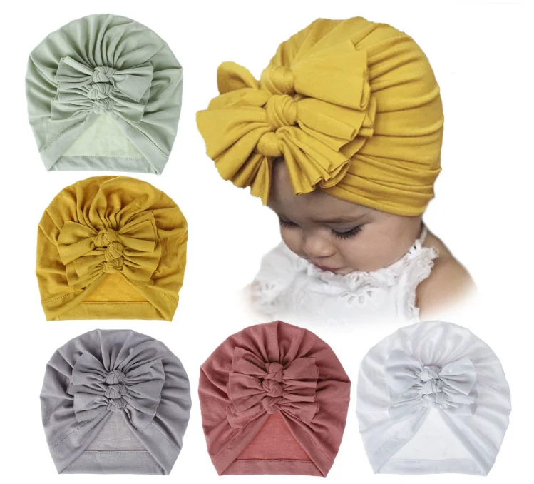 
Soft knitting cotton fabric 3 bow knot Indian baby turban hat 