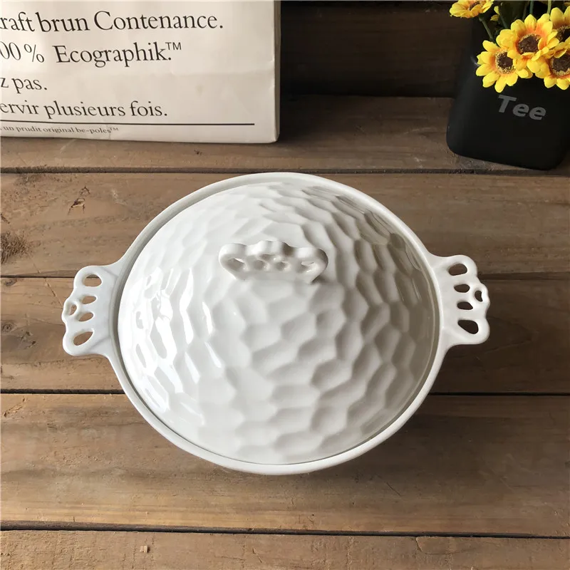latest design ceramic embossed soup tureen bowls with two handle