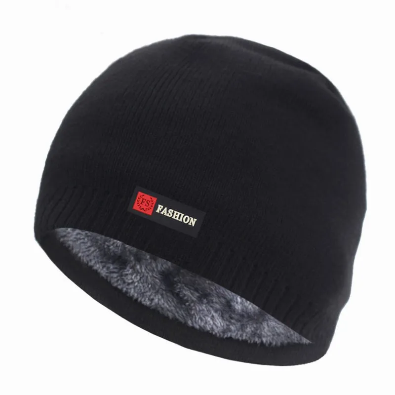 winter custom rubber patch cuffless polyester thermal fleece lined beanie hat