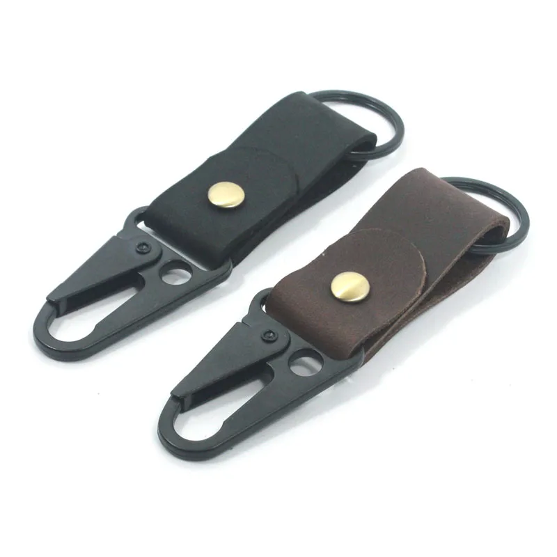 yn111 Handmade Gift Mini Genuine Leather Keychain Tactical Clip Key Fob with black metal
