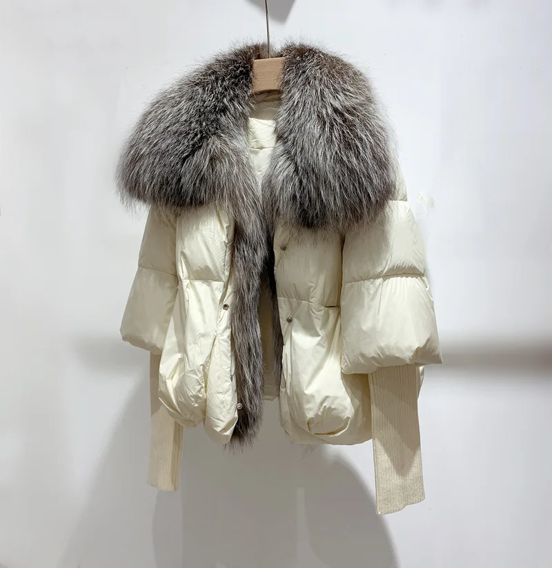 New Arrivals Puffer Bubble Goose Down Coat Women With Detachable Natural Silver Fox Fur Collar Thick and Warm Parka Women