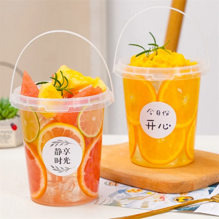 GTG Custom logo printed disposable 32 oz 1000 ml Fruit Bucket Takeaway fruit PP plastic cup buckets with handle and lid