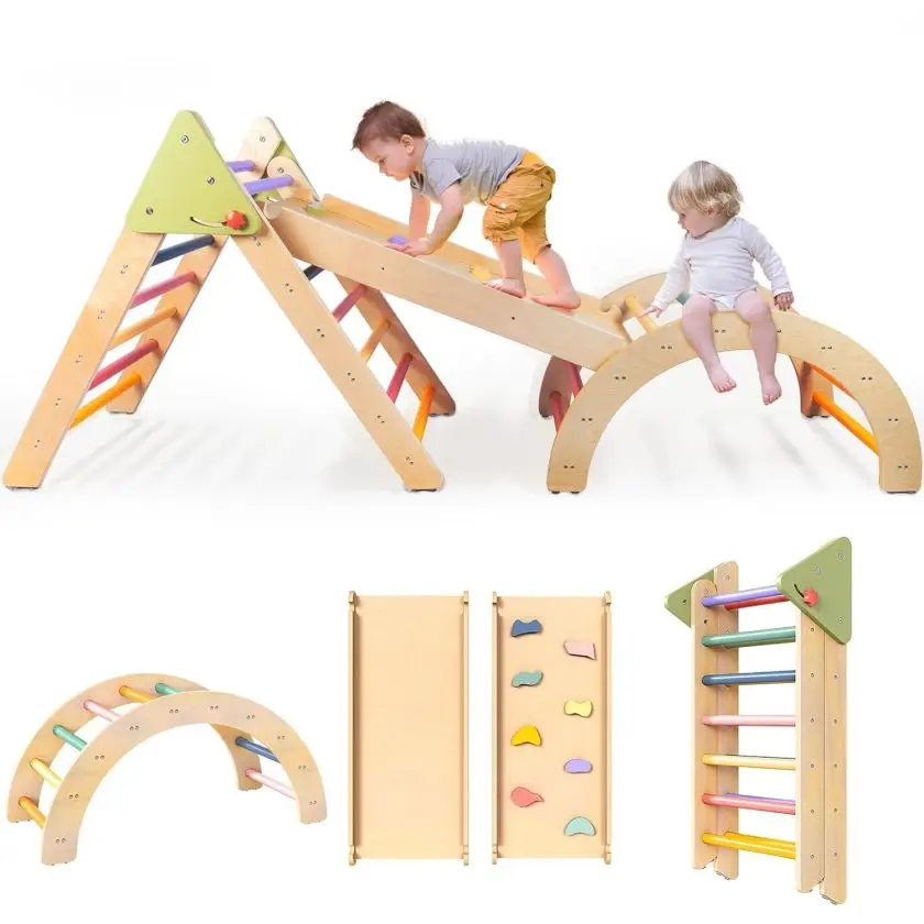 Montessori Playground 4 in 1 Detachable Wooden Pickler Triangle Semicircle Climbing Frame and Slide