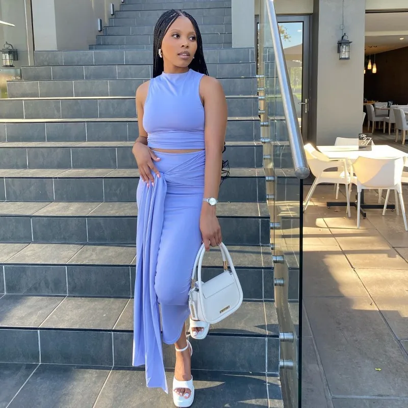 Liu Ming Cheap Fashion 2024 Elegant Summer Women Sexy Sleeveless Vests Tops High Waist Skirt Two Pieces Suits