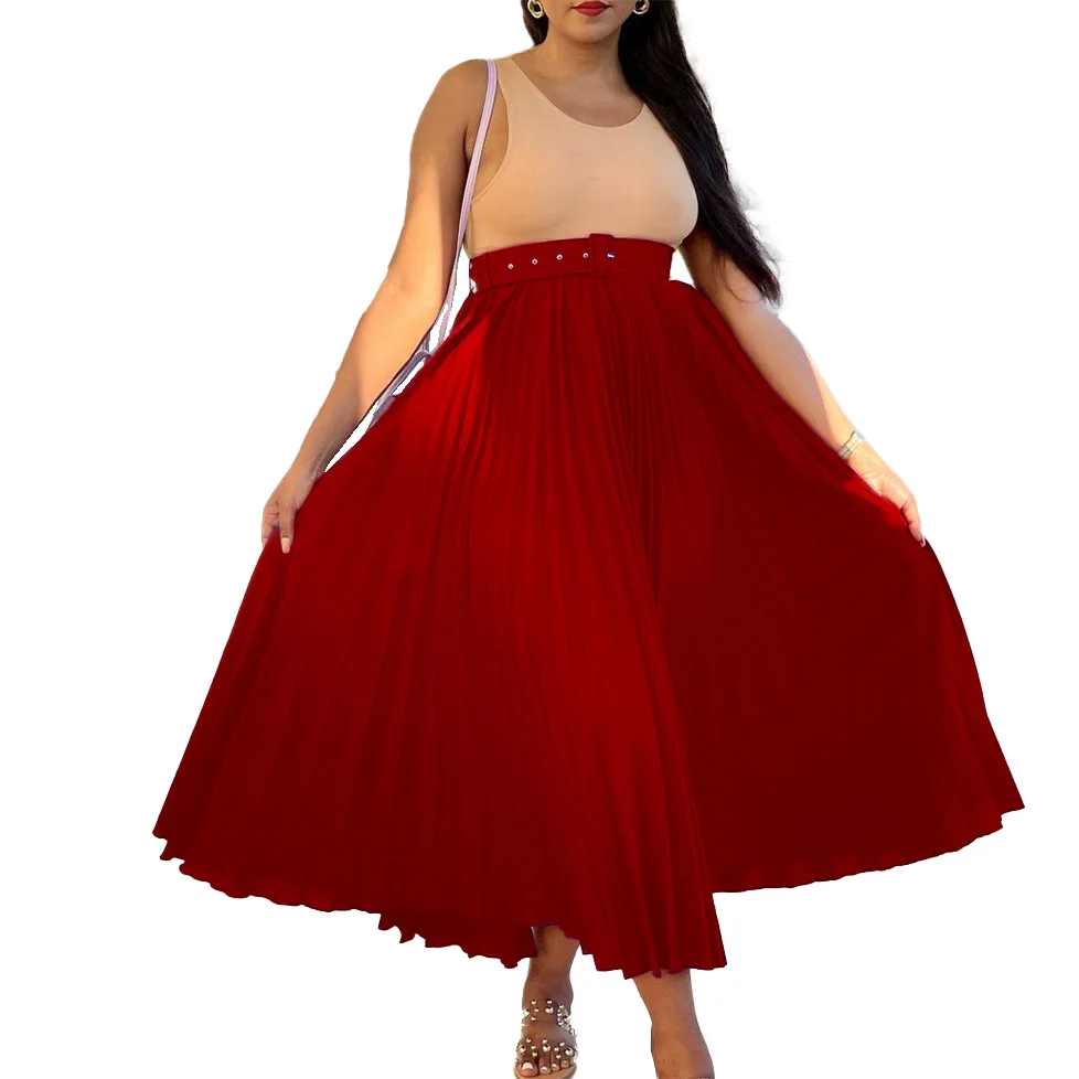 Factory Direct Sales Fashion Female High Waist Womens Maxi Long Pleated Skirt With Belt
