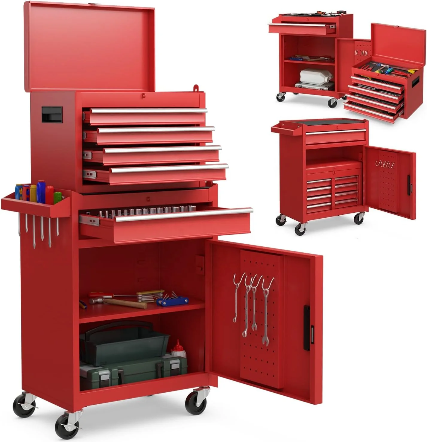 PULAGE Customizable Rolling Tool Cabinet, 5-Drawer Mobile 2 in 1 Tool Box with Lock and Wheels, Ideal for Mechanics and DIYers