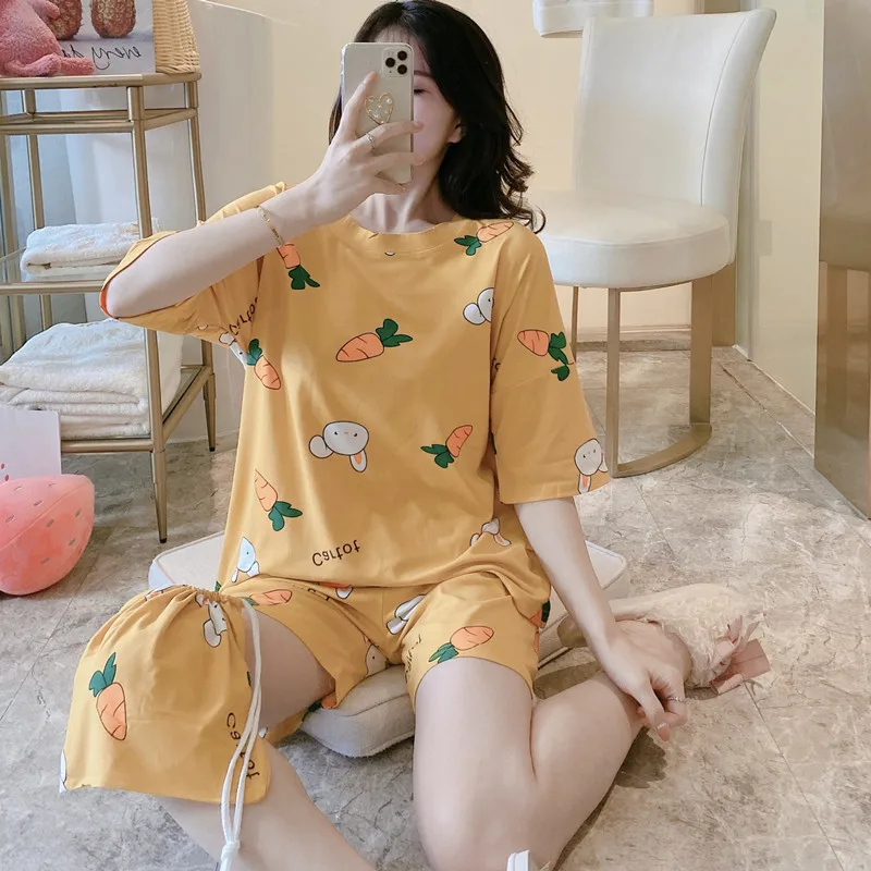 Summer short-sleeved three-piece shorts Cute Korean style sweet loose plus size homewear pajamas get buggy bag free