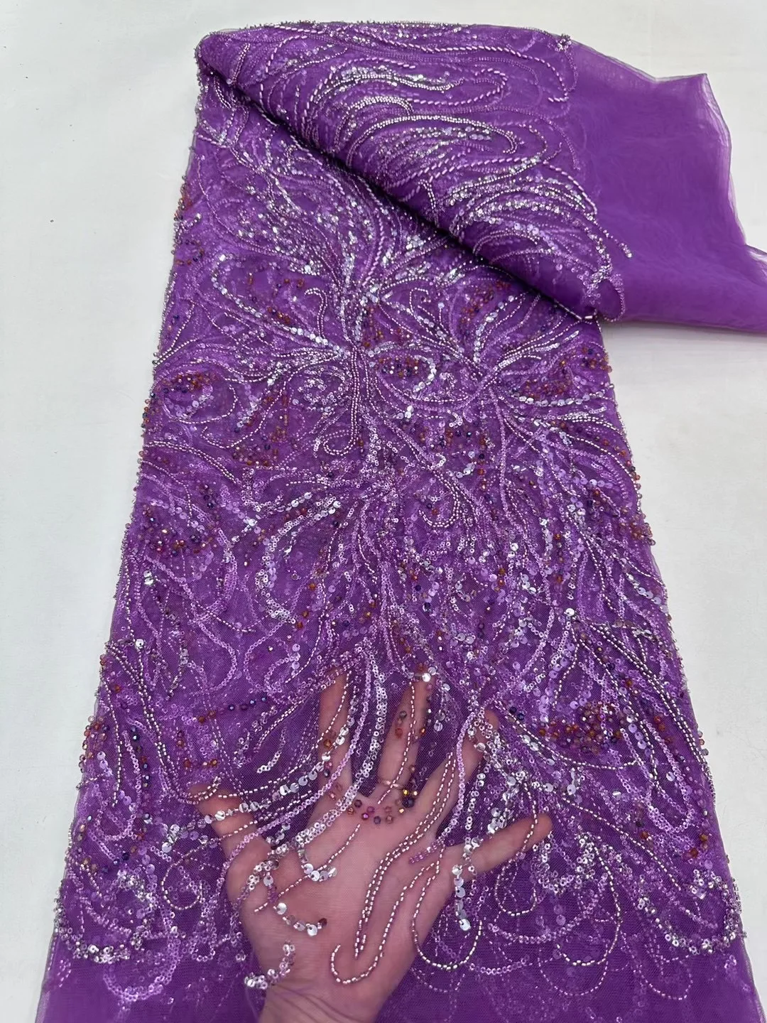 NI.AI Wedding Beaded Net Lace Fabric Embroidered Bridal Shiny Sequin Handmade Lace Fabric With Pearl