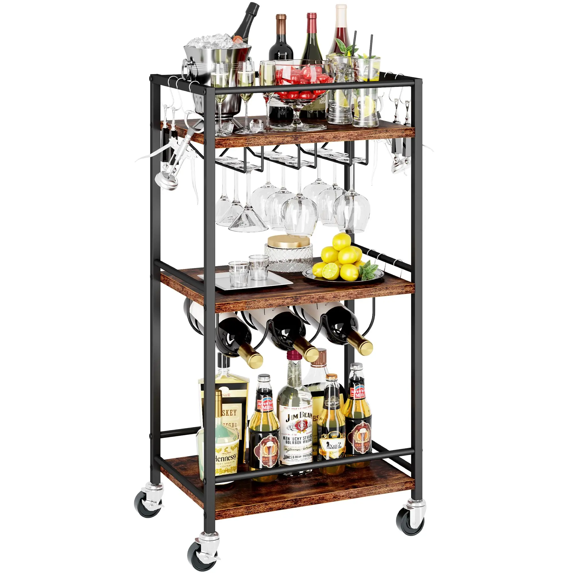 3 Tier Utility Service Cart Fruit Storage Baskets Rack for Industrial Island Food Trolley with Handle Rolling Storage Carts