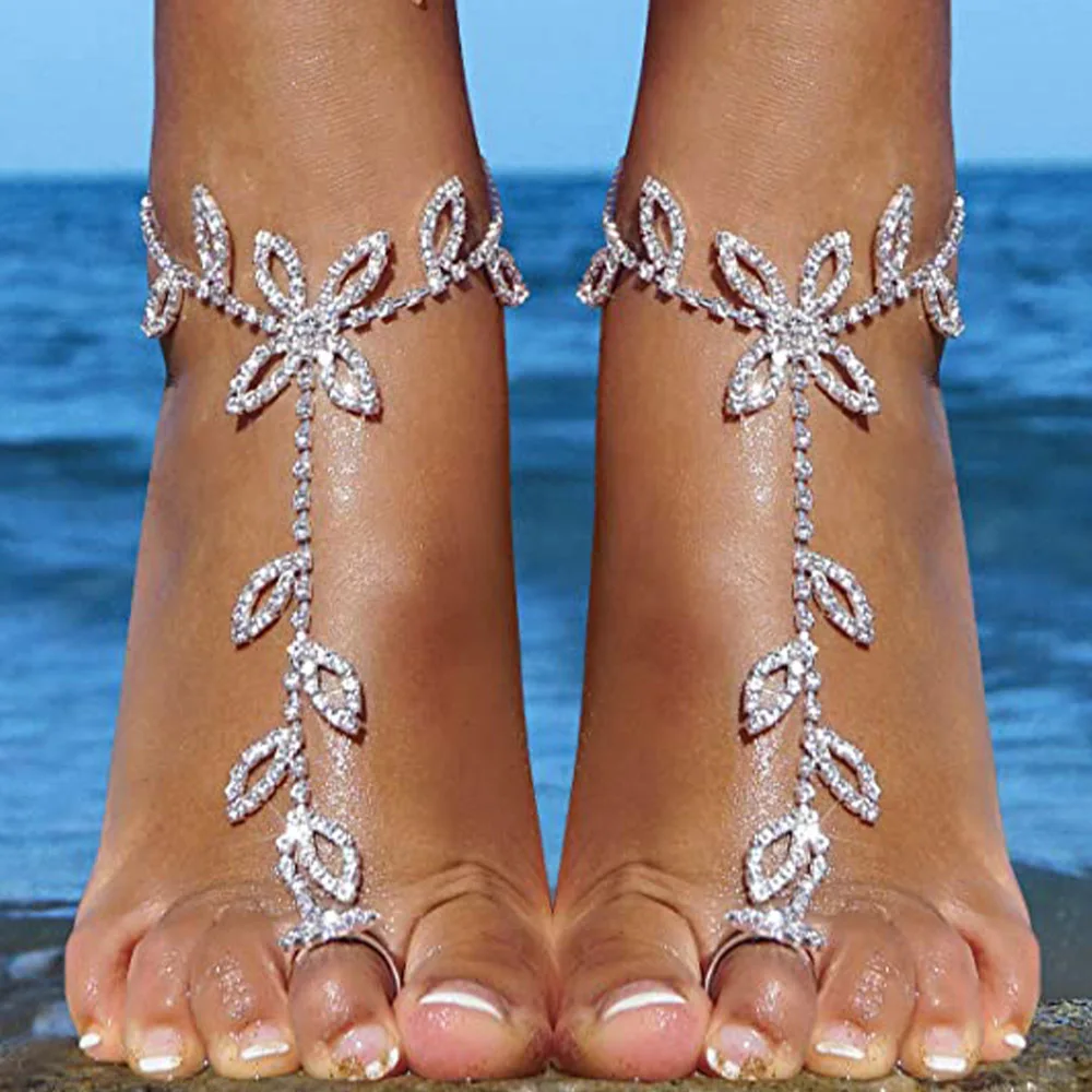 Bohemian Rhinestone Leaf Hand Harness Bracelet Crystal Anklets With Toe Ring Beach Wedding Rhinestone Barefoot Sandals For Women