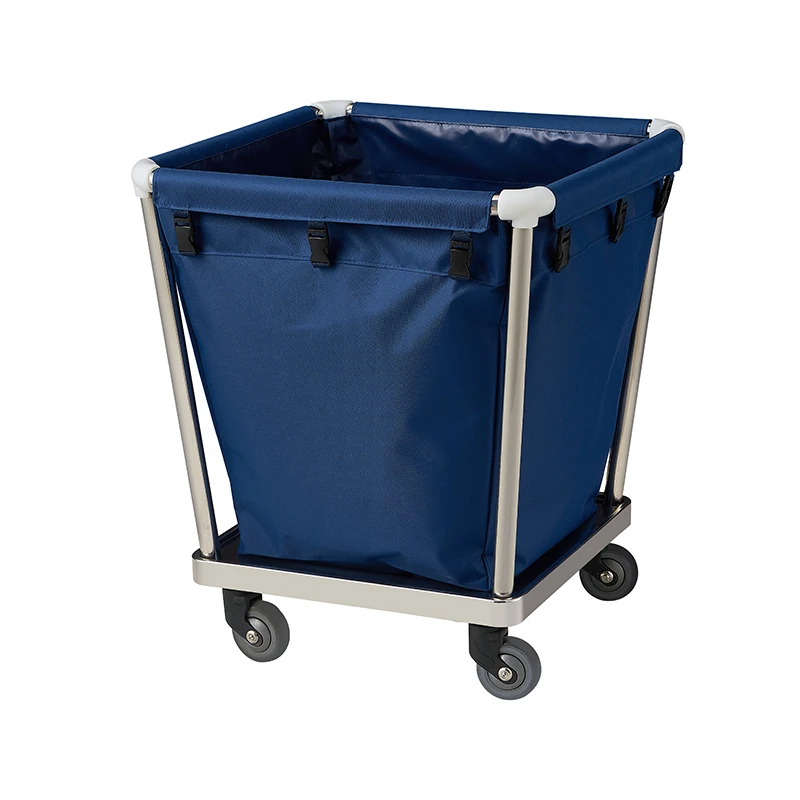 Hotel Hospital Room Service High Quality Stainless Steel Cleaning Laundry Trolley Blue Bag Linen Basket Laundry Cart Cube Truck