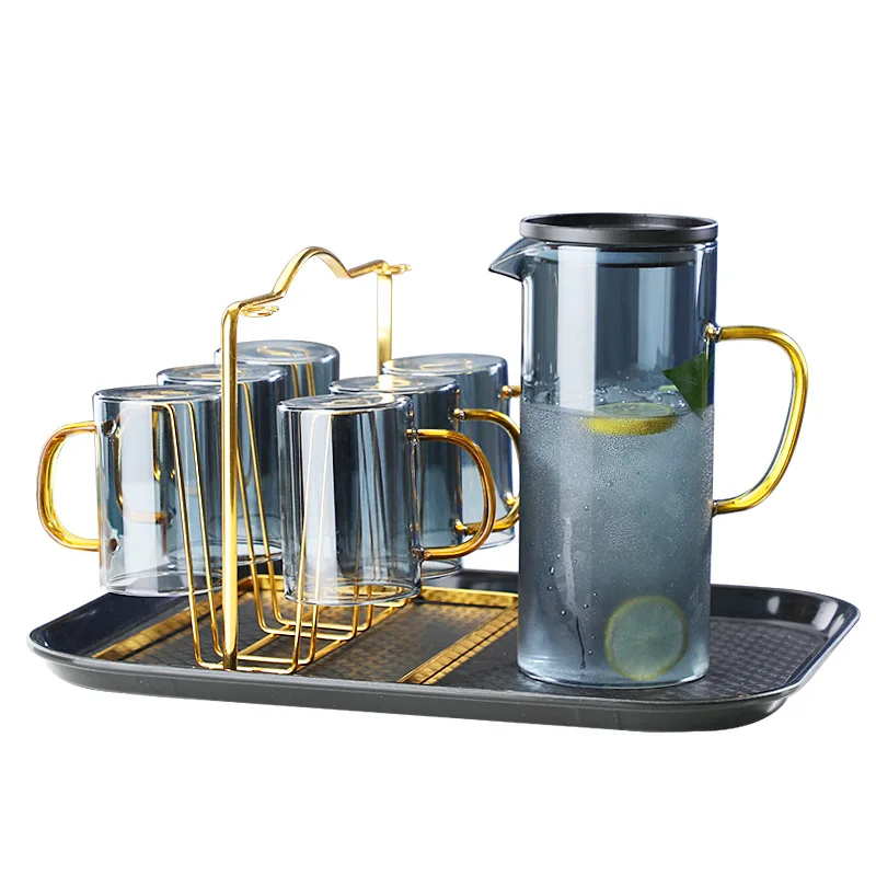 wholesale 1500ml Iced Tea Lemonade Beverage Colored Borosilicate Glass Pitcher Drinking Water Jug Set with Lids mug Handle