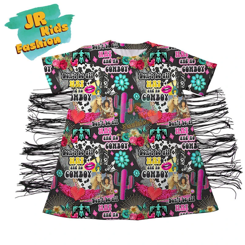 Wholesale Kids Girls T-shirt Tassel Dress Western Style Cowboy Printed Short Sleeve Soft Baby Girls Fringe Dress