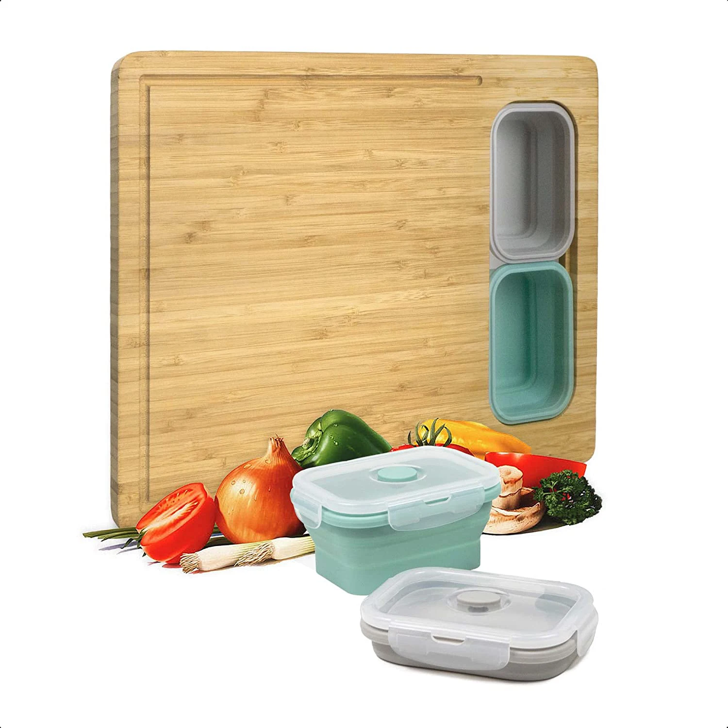 Collapsible Silicone Food Storage Meats Cheese Fruit and Vegetable Extra Large Bamboo Cutting Board with Containers