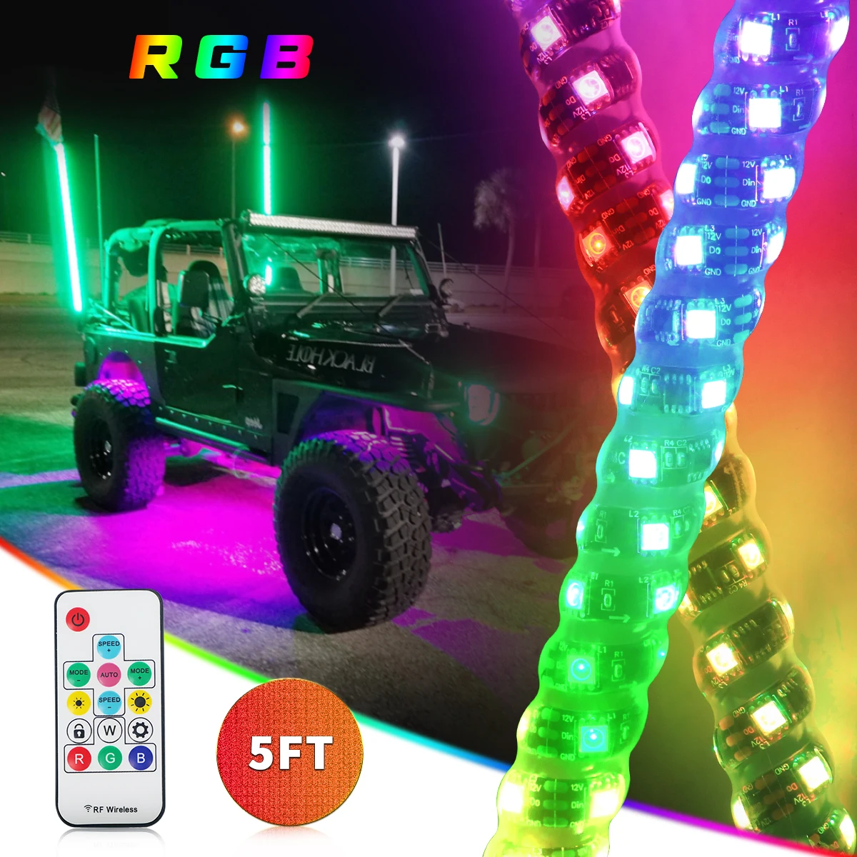Super Brightest 5Ft 4Ft Dancing Chasing Led Light Whip Rf Wireless Remote App Control Car Lights For Atv Utv Rzr Truck