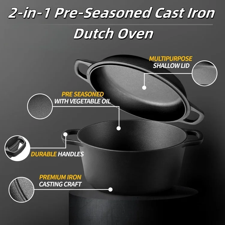 Preseasoned Cast Iron Dutch Oven 2 in 1 Combo Cooker  Dutch Oven With Skillet Lid Cast Iron Skillet Cookware Pan Set