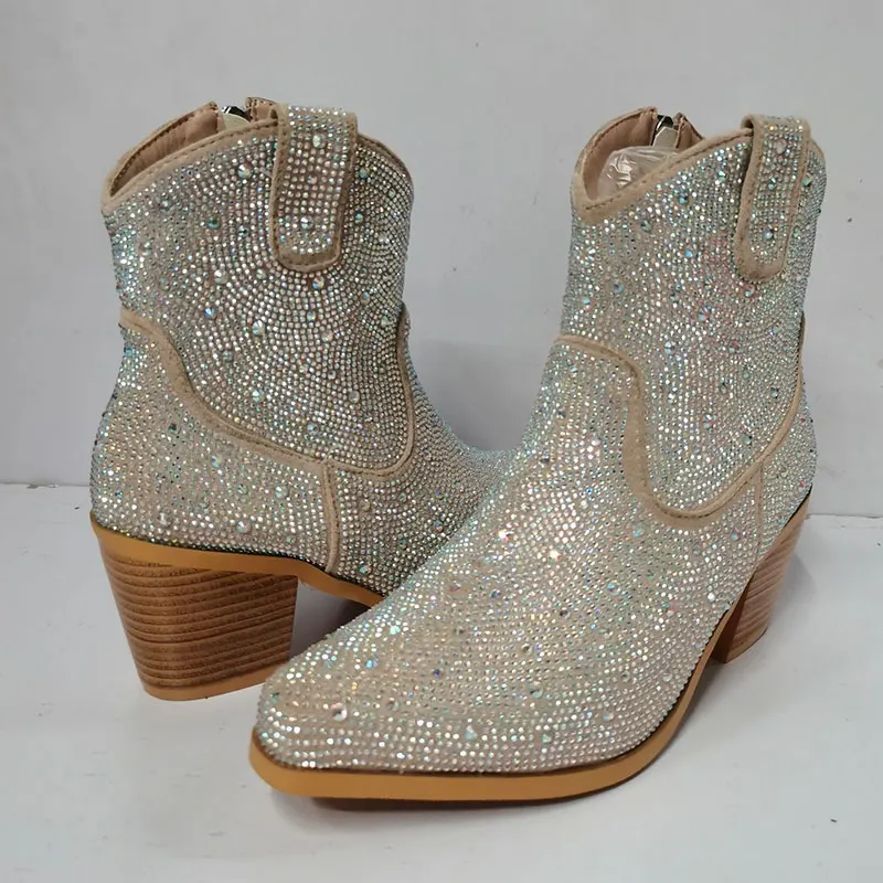 Xinzirain Custom Sparkly Rhie Premium Leather Embellished Low Chunky Heel Ankle Cowboy Boots