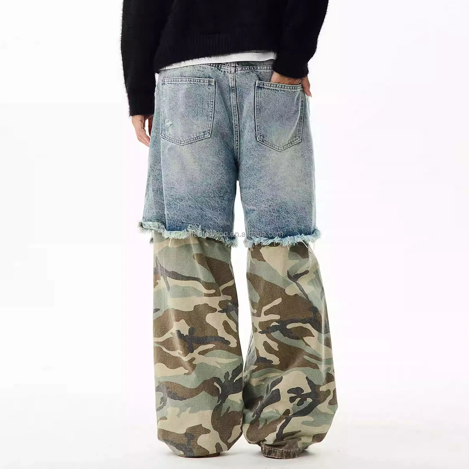 Custom camouflage denim pants trousers bottom torn wash camo double layer 2 in 1 jeans for men