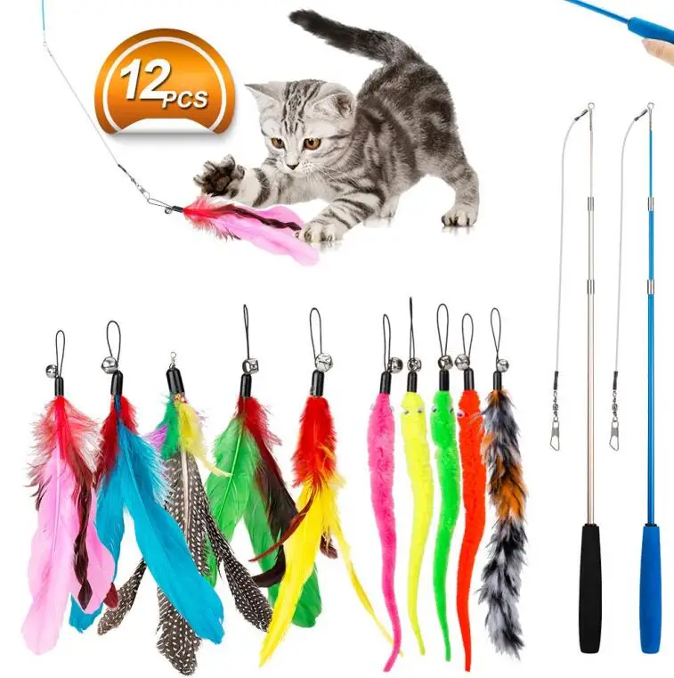 Wholesale Good quality pet toy cat stick with feathers interactive cat toys teaser stick fishing rod toy set
