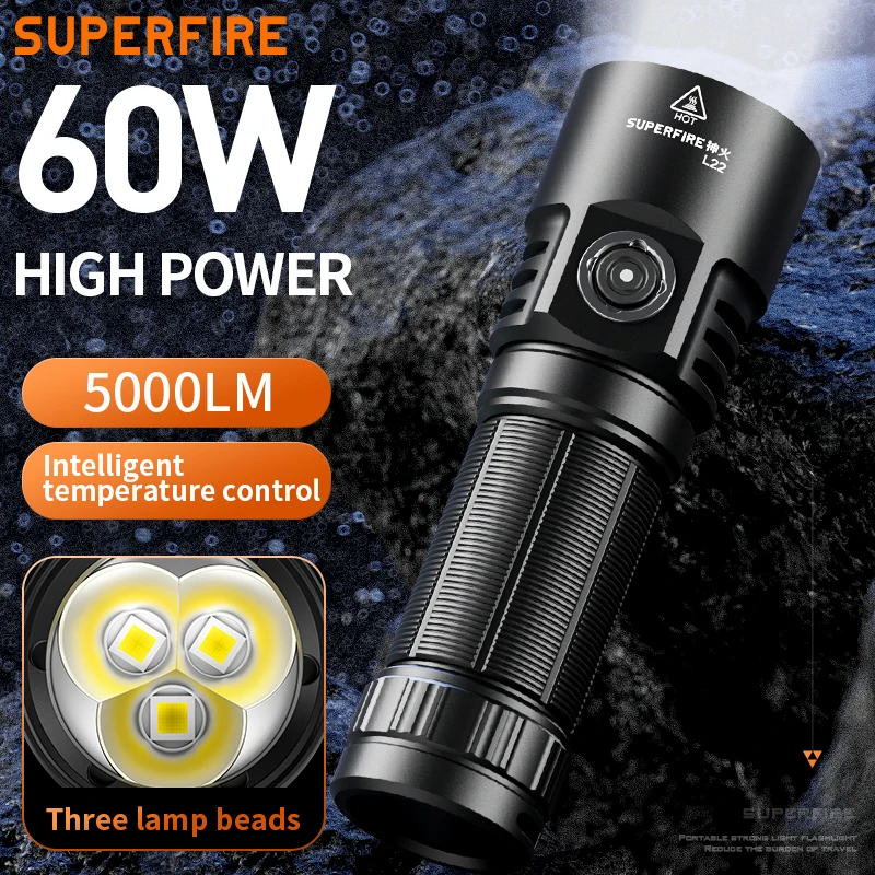 5000 High lumens super bright 60w flashlight L22 Powerful Rechargeable Flashlight Torch long run time for outdoor working