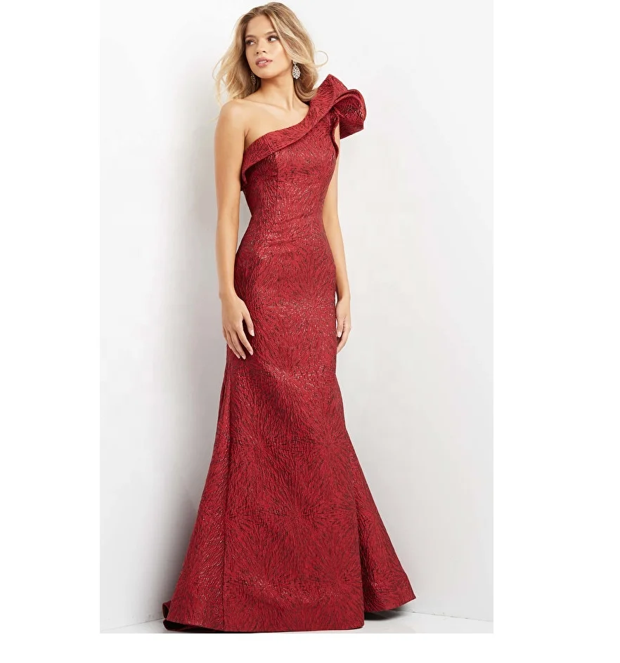 Burgundy One Shoulder Mermaid Evening Gown
