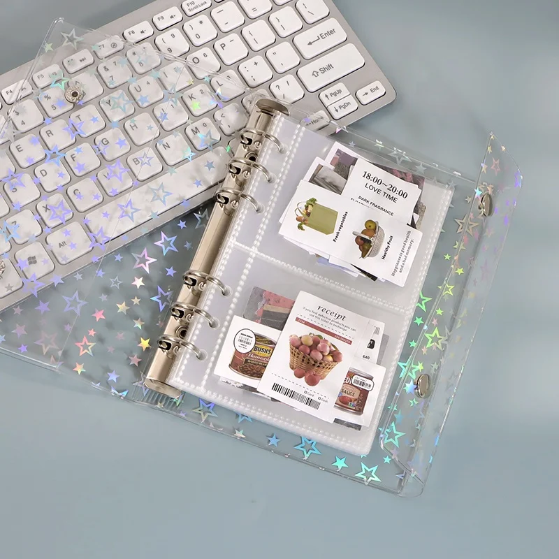 A6 3' photo album 6 holes cash envelopes clear pp 2-pouches for 6-ring loose leaf notebook binder organize photos cards bills
