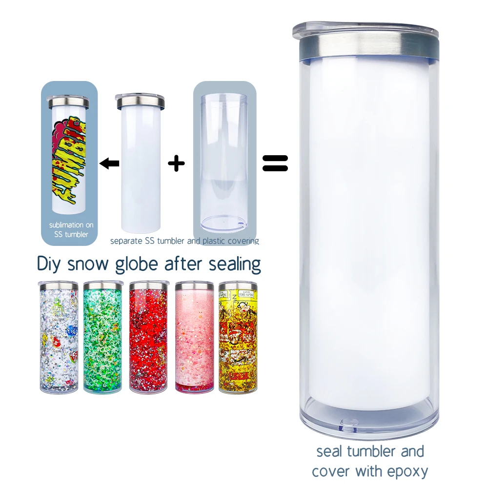 USA warehouse 20oz White sublimation DIY glitter snow globe 304 stainless steel straight storyboard DIY travel mugs