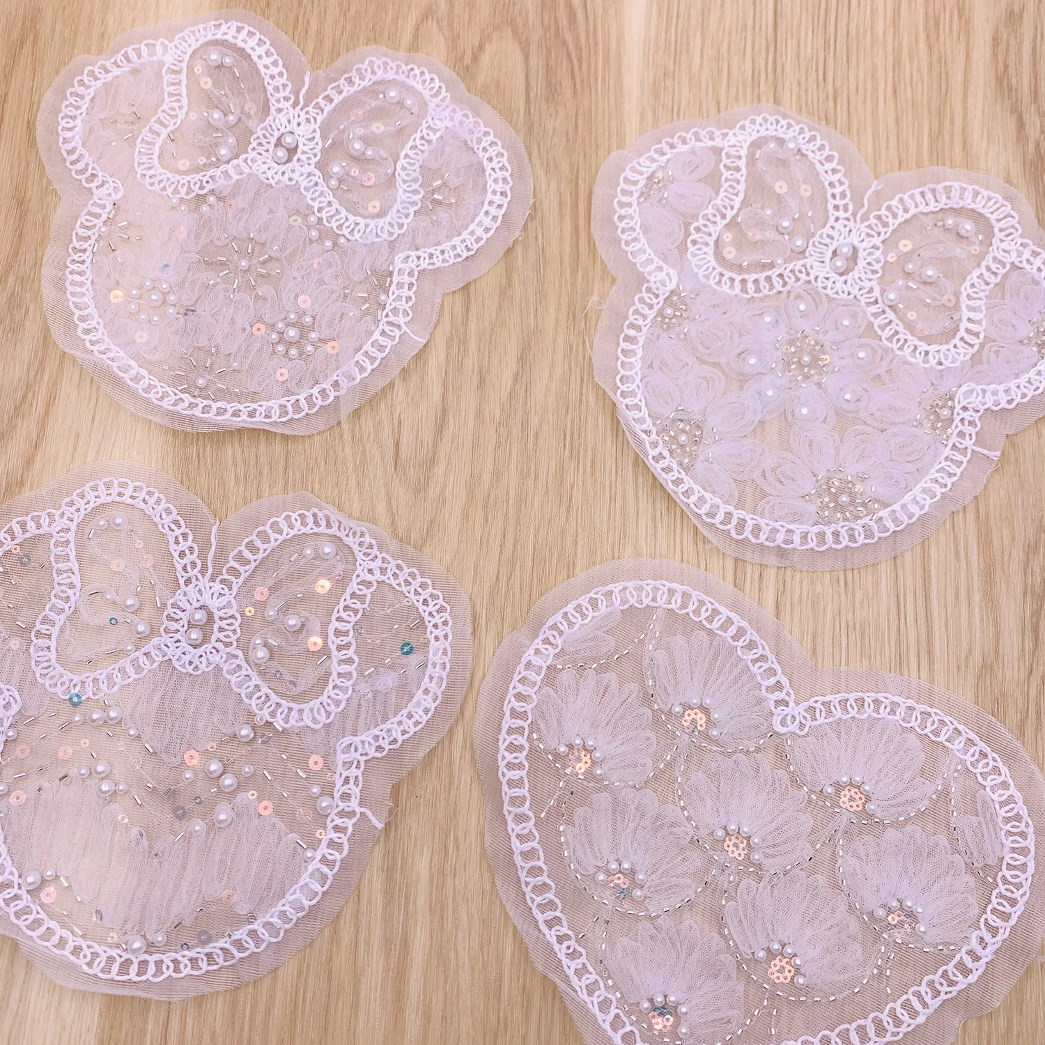 Handmade Sequin Beaded Lace Applique White Big Flower Shiny Embroidery Patches For Clothing