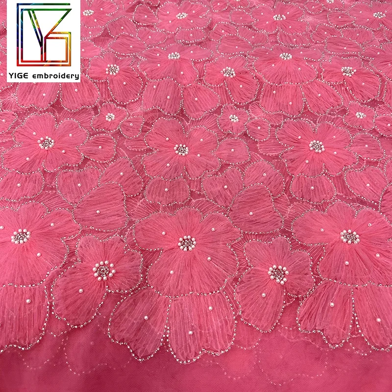 dresses women elegant Coiling embroidery Watermelon Red 3d flower pearls beaded applique french bridal lace fabric