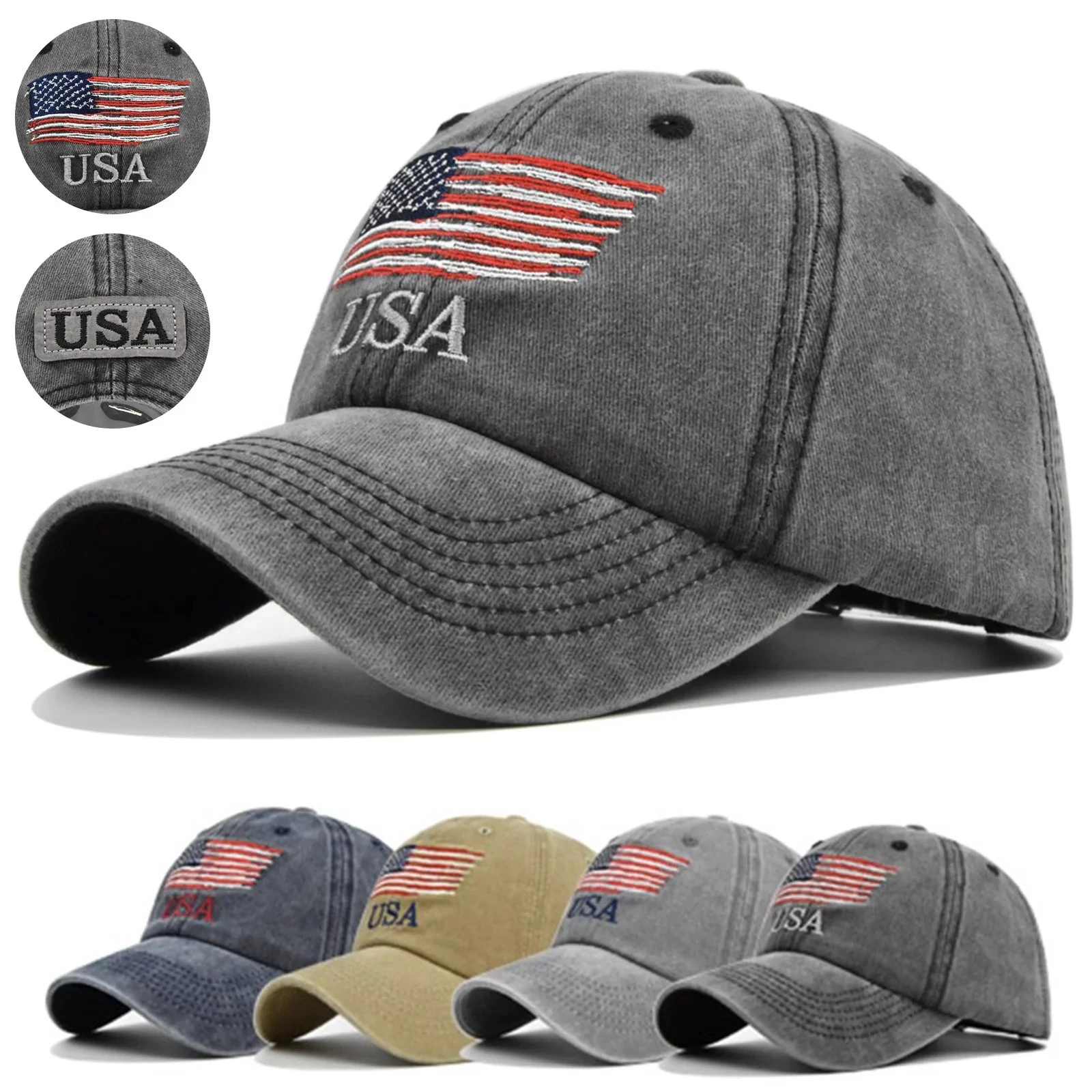 custom denim Washing cloth Woven patch flag classic usa cotton hat vintage baseball caps with the flag of the united states