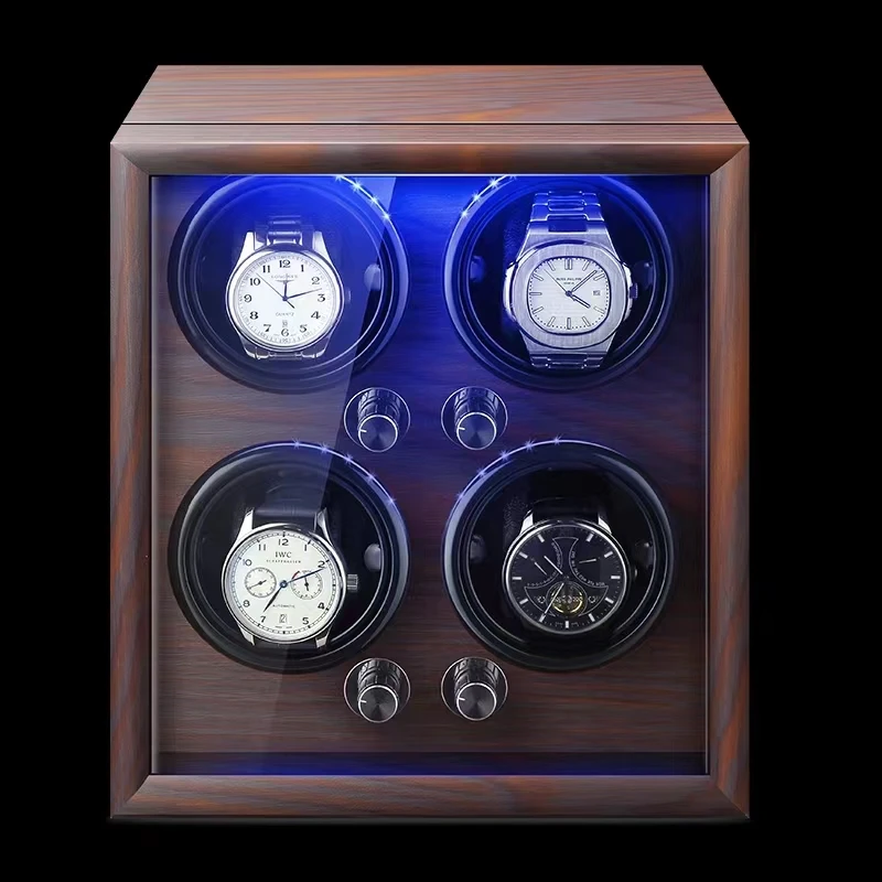 Luxury High quality  molle Automatic watch winder safe wood leather rotations watch winder box  4 slots with LED OPEN-STOP