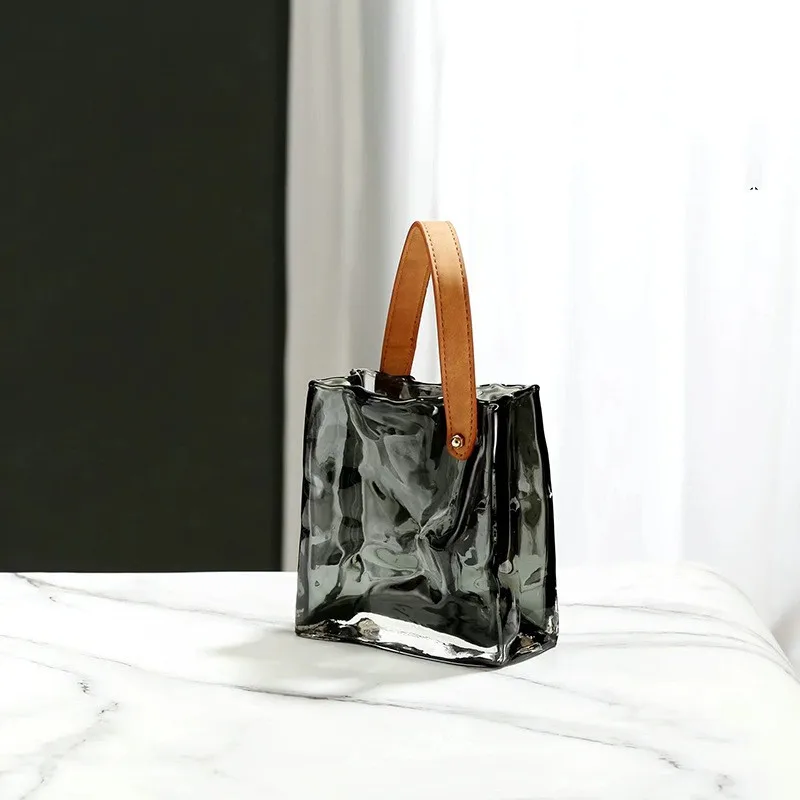 Hot Popular New Nordic Creative Glass Handbag Vase Luxury Home Living Room Tabletop Handbag Shape Vases with Belt Handle