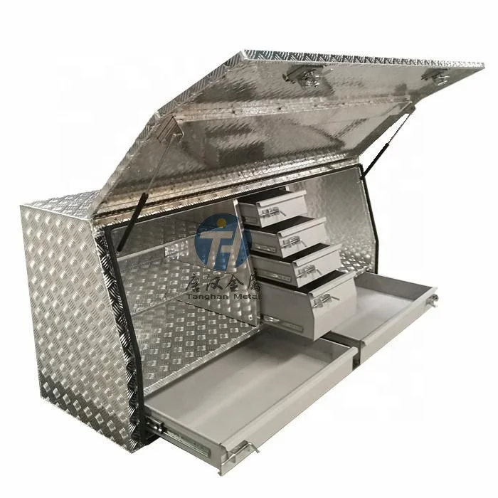 Waterproof and heavy duty 2.5mm aluminum checker plate ute truck tool box with metal drawers