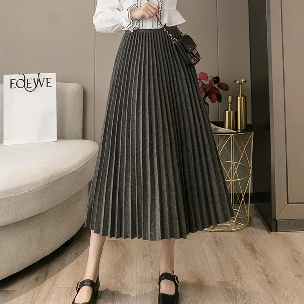 Woolen Pleated Skirts Womens Fashion High Waist Black Gray Skirt Loose Thick Warm 2021 Autumn Winter Long Skirt VD2382