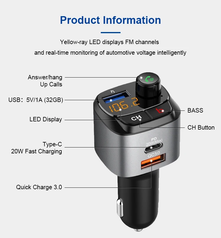 Car Dual USB Ports QC3.0 PD20W Type C Car Charger BT5.0 Bluetooth-MP3 Player FM Transmitter