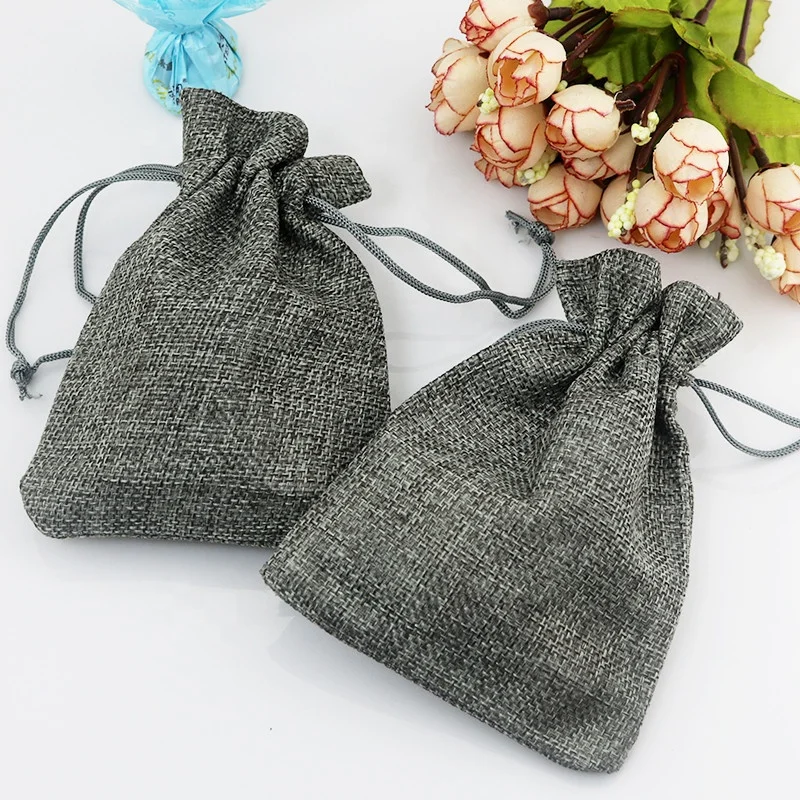 
7*9cm Small Gray Jute Bag Cute Drawstring Gift Bag Wedding Sachet Storage Charms Jewelry Packaging Pouch Linen Bags 