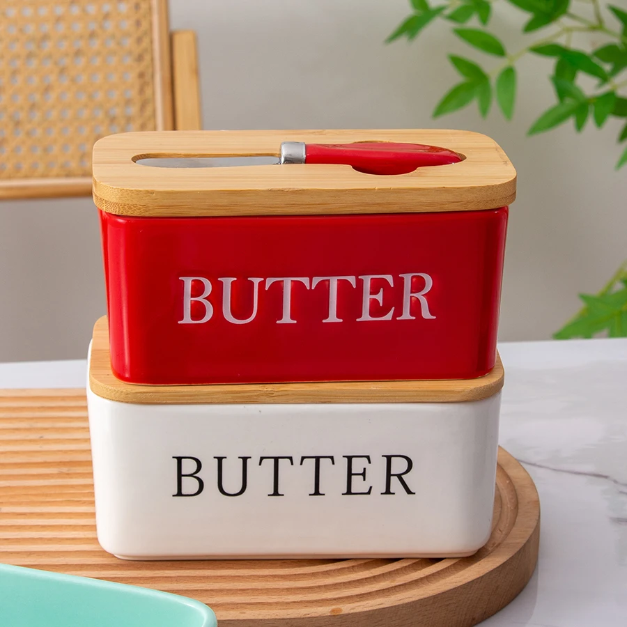 Western fresh cheese box porcelain set Bamboo and wood lid ceramic butter box with knife sealed tank butter box