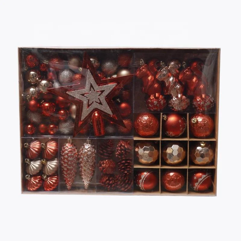 Wholesale gifts plastic ball ornaments mixed in brown paper box 71pcs suit pack fashion luxury Christmas tree decorations