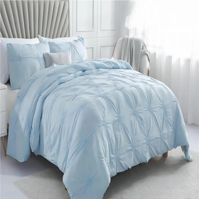 Factory price breathable down alternative fill Ruched 3D Floral Pintuck elastic embroidery polyester comforter set for bedroom